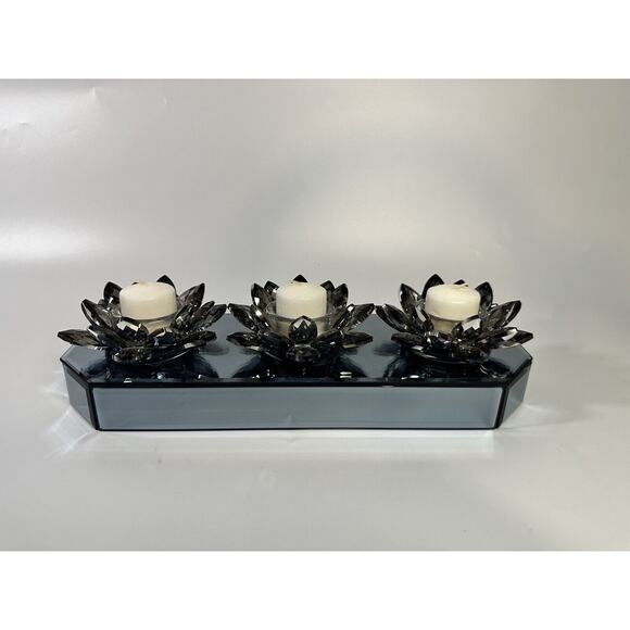 Triple Crystal Candle Holder Gray Mirror Base Lotus Flower Zen Light - No Candle - Picture 2 of 11